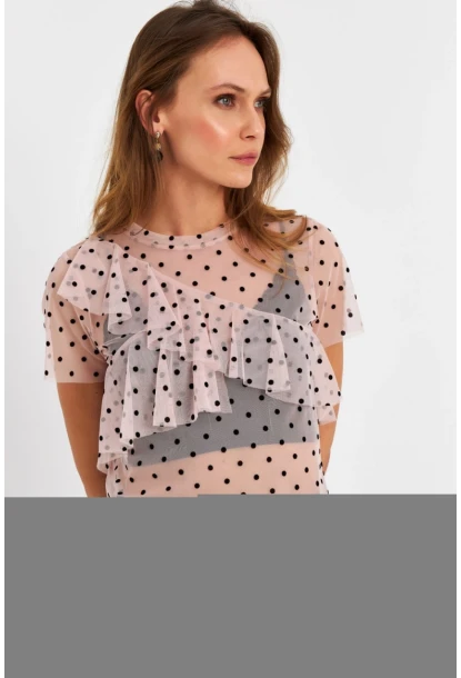Kadın Pudra-Siyah Puantiyeli Tül Bluz ZH029