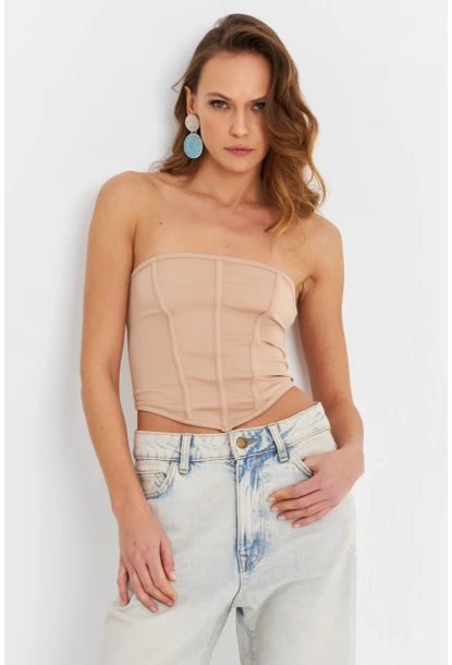Kadın Pudra Straplez Crop Bluz B6081