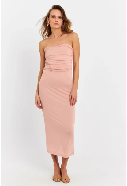 Kadın Pudra Straplez Midi Elbise EY3080