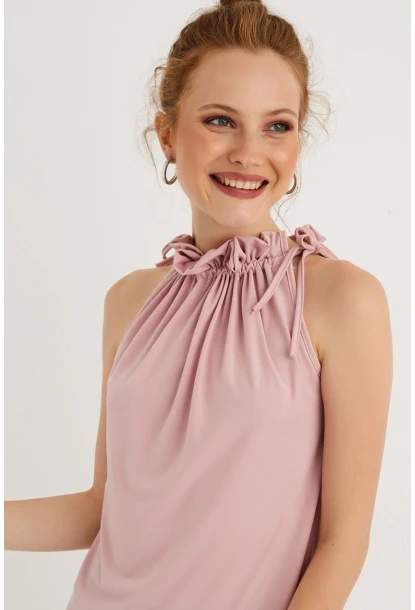 Kadın Pudra Yakası Fırfırlı Kolsuz Bluz BTH01