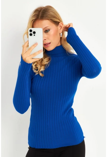 Kadın Saks Balıkçı Yaka Eldivenli Triko Bluz HNT03