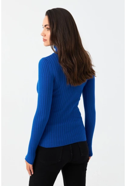 Kadın Saks Balıkçı Yaka Triko Bluz YV102-90