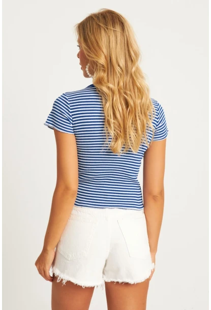 Kadın Saks-Beyaz Çizgili Bluz XL2005