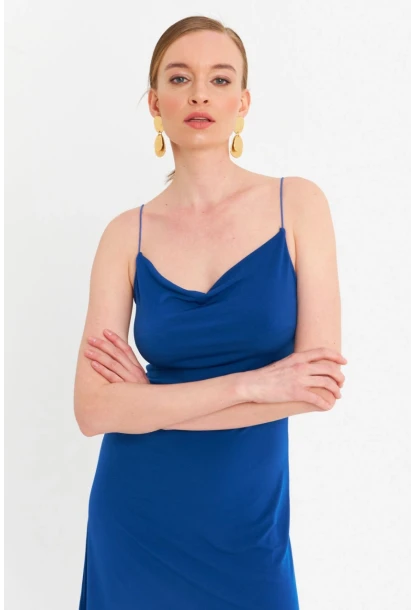 Kadın Saks Degaje Basic Mini Elbise YDF100