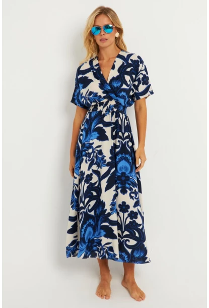 Kadın Saks Desenli Gipeli Midi Elbise YZ1055