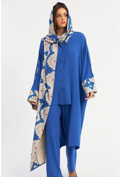 Kadın Saks Desenli Kapüşonlu Kaftan GÇ193