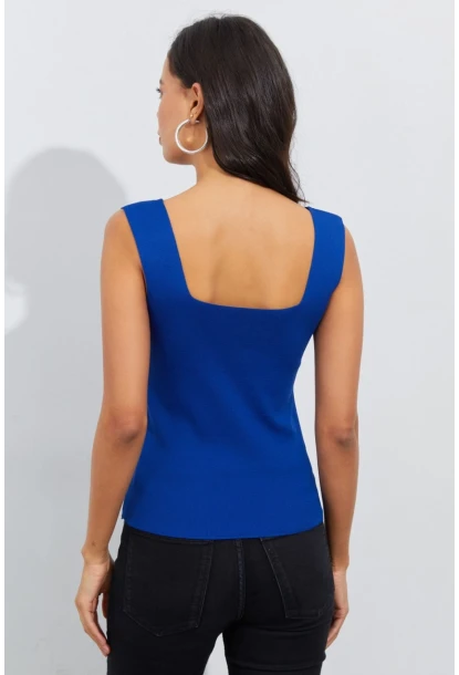 Kadın Saks Kare Yaka Triko Bluz YV87