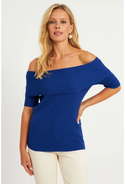 Kadın Saks Madonna Yaka Triko Bluz KZ538