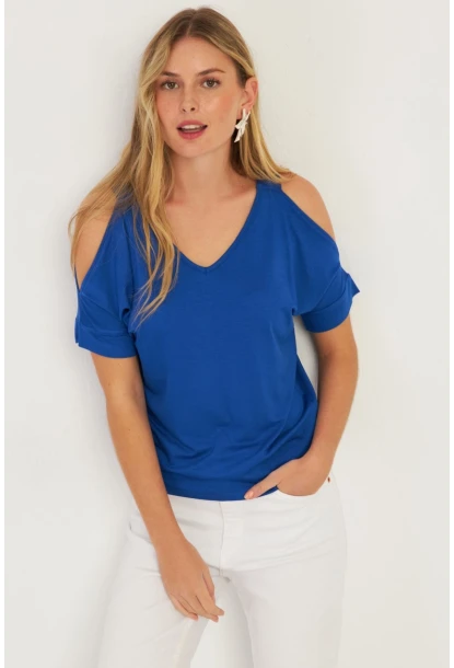 Kadın Saks Omuzları Açık Bluz BR1329