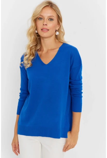 Kadın Saks V Yaka Triko Kazak YİL549