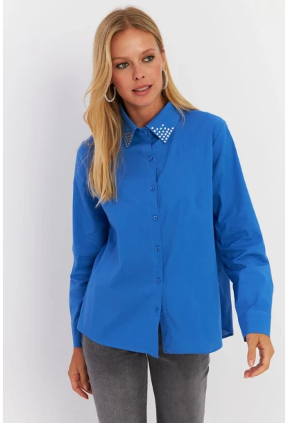 Kadın Saks Yakası Taşlı Gömlek MZER413