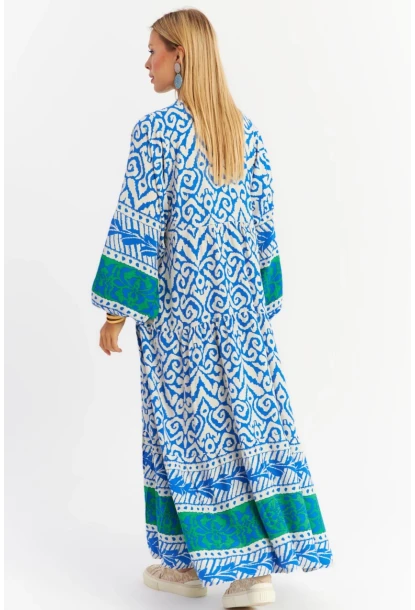 Kadın Saks-Yeşil Volanlı Maxi Elbise MALO11