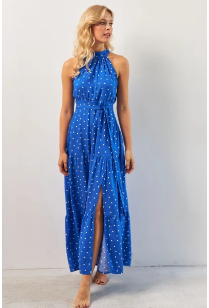 Kadın Saks Yırtmaçlı Puantiyeli Midi Elbise KED4233