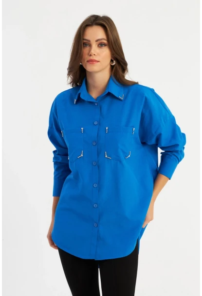 Kadın Saks Zımbalı Gömlek MASF2