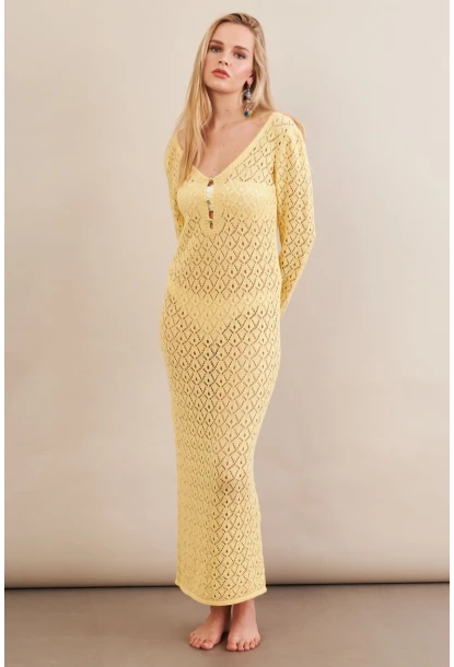 Kadın Sarı Aksesuarlı Triko Plaj Elbisesi KZ3237-90