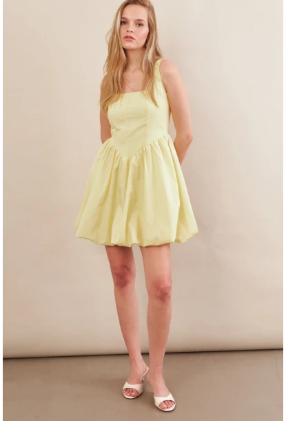 Kadın Sarı Askılı Mini Balon Elbise ERL105