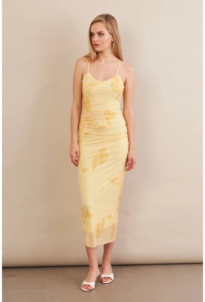 Kadın Sarı Astarlı Midi Tül Elbise MRS130