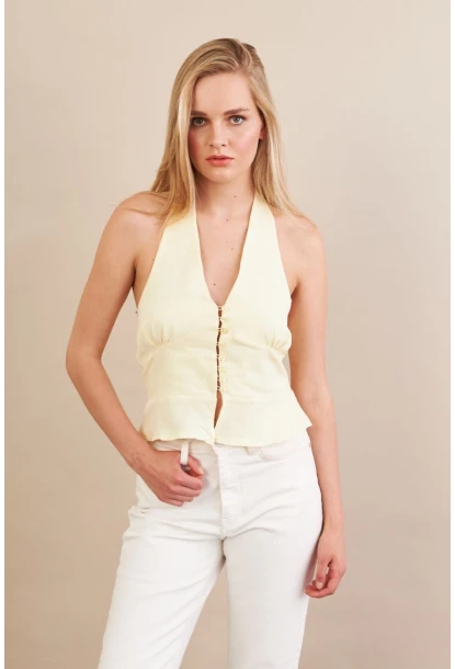 Kadın Sarı Boyun Bağlamalı Keten Yelek FS129