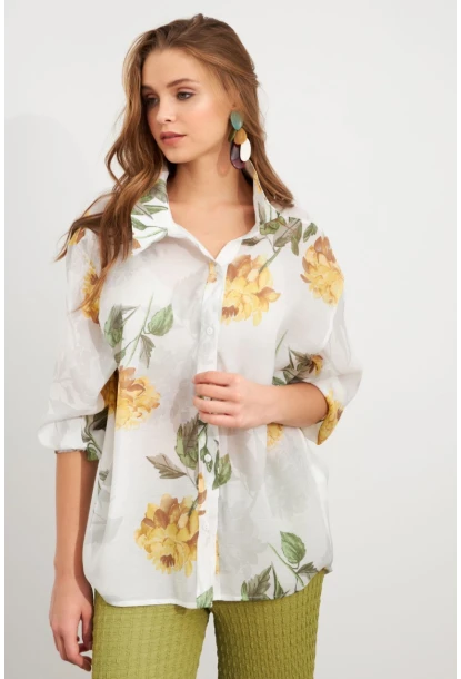 Kadın Sarı Çiçek Desenli İnce Keten Gömlek MCAR1068
