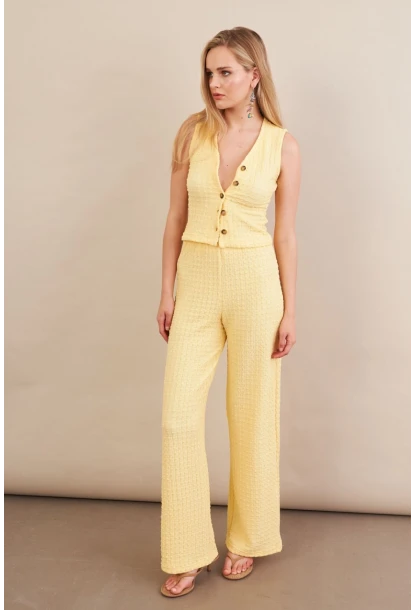 Kadın Sarı Gofre Yelek Pantalon Takım FLU330