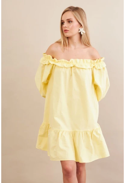 Kadın Sarı Madonna Yaka Midi Elbise PSG1012