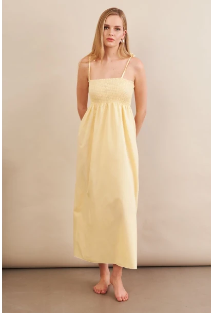 Kadın Sarı Straplez Çizgili Plaj Elbisesi