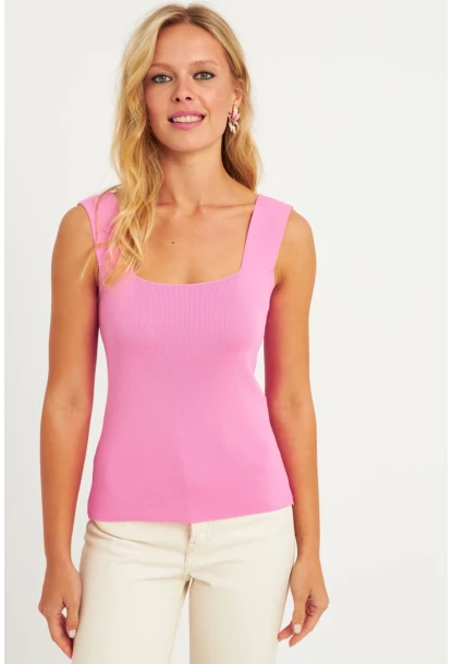 Kadın Şeker Pembe Kare Yaka Triko Bluz YV80