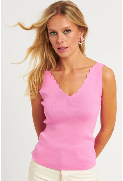 Kadın Şeker Pembe Merdiven Yaka Triko Bluz YV83
