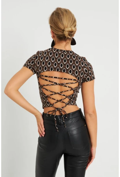 Kadın Sırt Dekolteli Crop Bluz Kahverengi AYD271