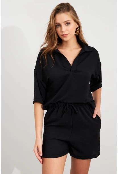 Kadın Siyah Aerobin Şort Takım Q1005