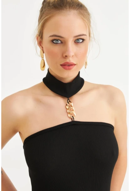 Kadın Siyah Aksesuar Detaylı Kaşkorse Bluz EY3084