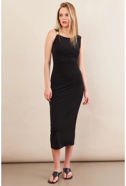 Kadın Siyah Aksesuarlı Büzgülü Midi Elbise İRE102