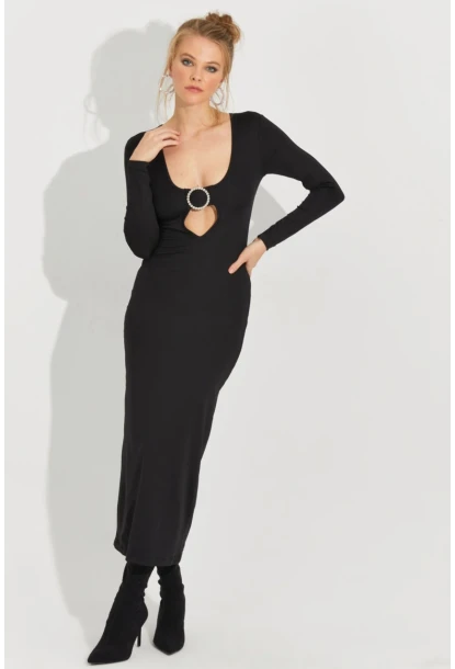 Kadın Siyah Aksesuarlı Midi Elbise EY2591