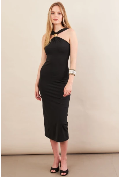 Kadın Siyah Aksesuarlı Midi Elbise İRE101