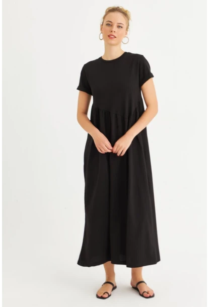 Kadın Siyah Asimetrik Dikişli Maxi Elbise MDMR440