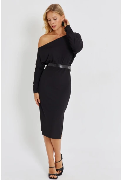 Kadın Siyah Asimetrik Yaka Kemerli Midi Elbise KED4043