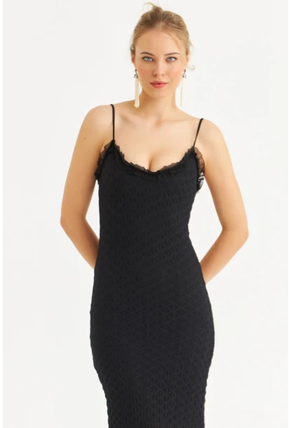Kadın Siyah Astarlı Dantel Maxi Elbise YEL221662