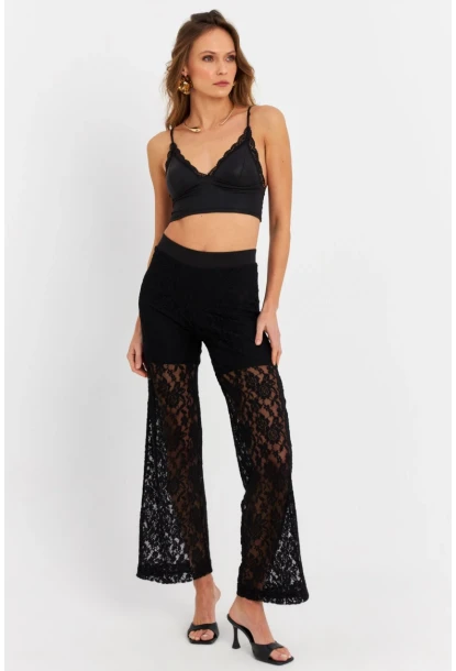 Kadın Siyah Astarlı Dantel Pantolon FLS04