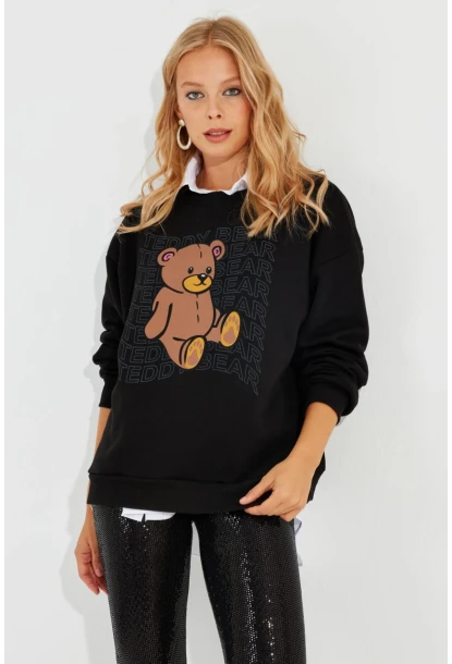 Kadın Siyah Ayıcık Baskılı Sweatshirt ZM288