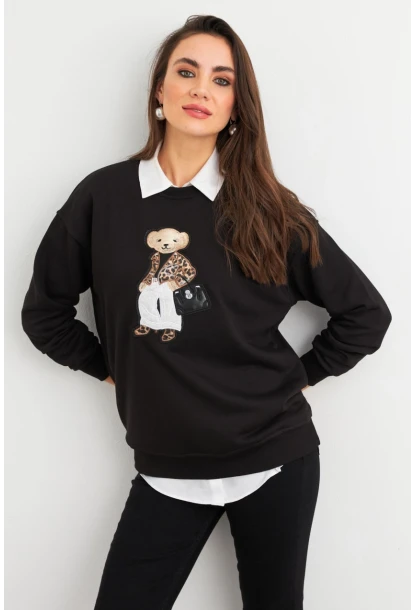 Kadın Siyah Ayıcık Nakışlı Sweatshirt PKA1590
