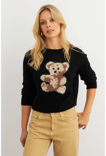 Kadın Siyah Ayıcıklı Kazak KED7429