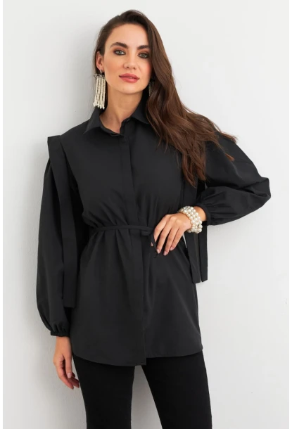 Kadın Siyah Bağlama Detaylı Basic Gömlek MASF185