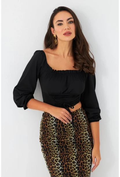 Kadın Siyah Bağlama Detaylı Crop Bluz CG387