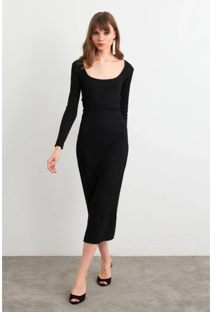 Kadın Siyah Bağlamalı Kaşkorse Midi Elbise EY3035