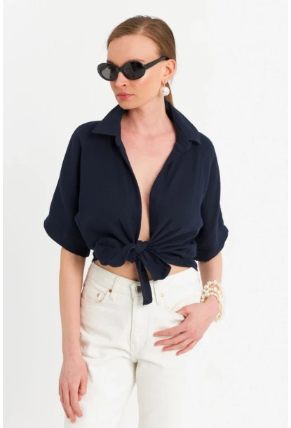 Kadın Siyah Bağlamalı Keten Bluz BTH16