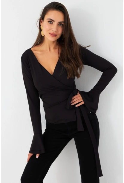 Kadın Siyah Bağlamalı Kruvaze Bluz EY2978