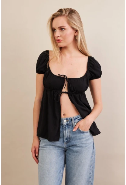 Kadın Siyah Bağlamalı Rustik Bluz ZH128