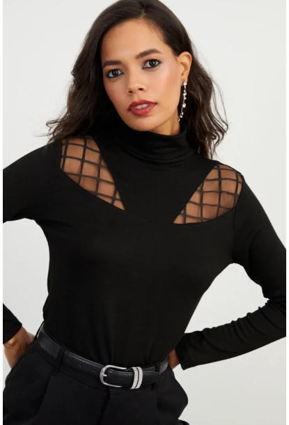 Kadın Siyah Balıkçı Bluz BK1548