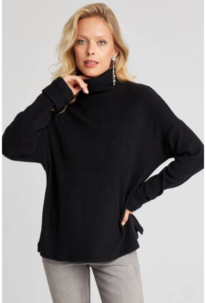 Kadın Siyah Balıkçı Fitilli Triko Kazak AYD257