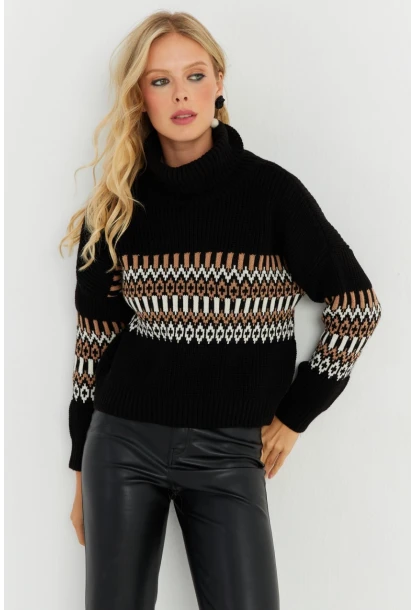 Kadın Siyah Balıkçı Triko Kazak YZ527